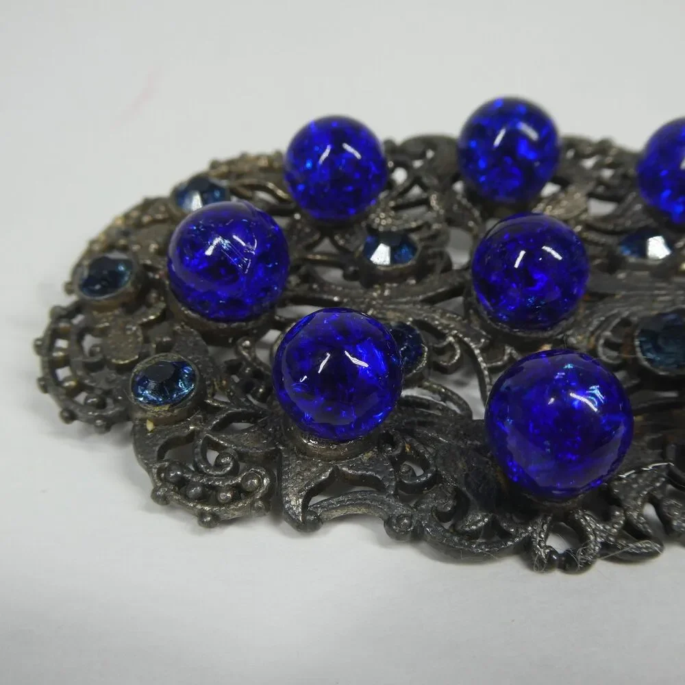 Silver Filigree Blue Rhinestone & Glass Crystal Brooch Antique Pin Czech?